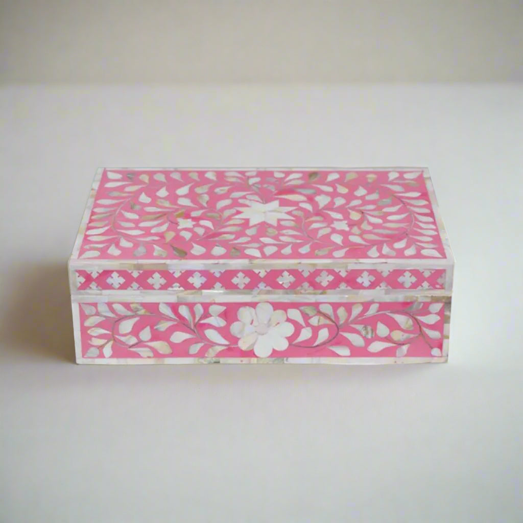 Customized Handmade Mother of Pearl Pink Color Floral Pattern Jewelry Box