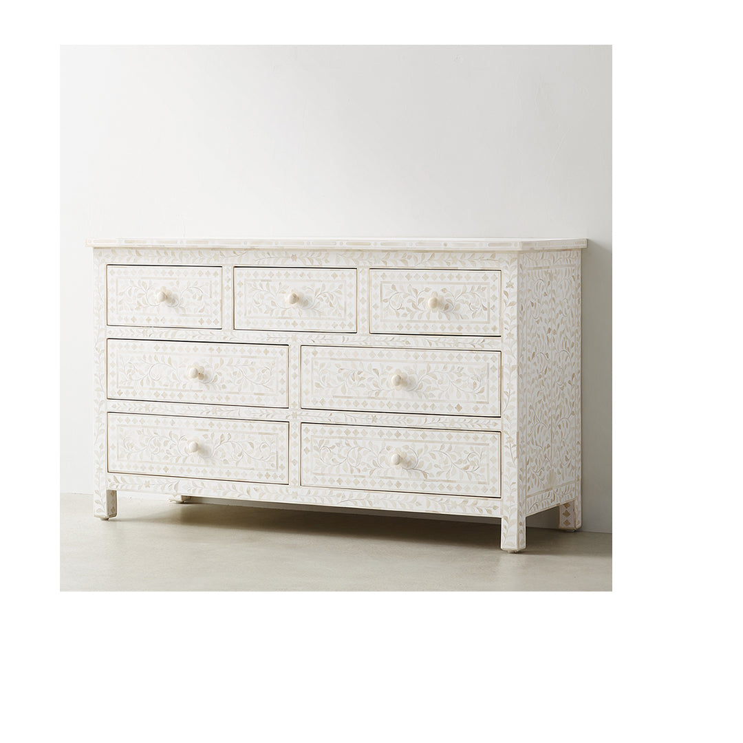 Handcrafted Bone Inlay 7-Drawer Chest – Floral Design in White