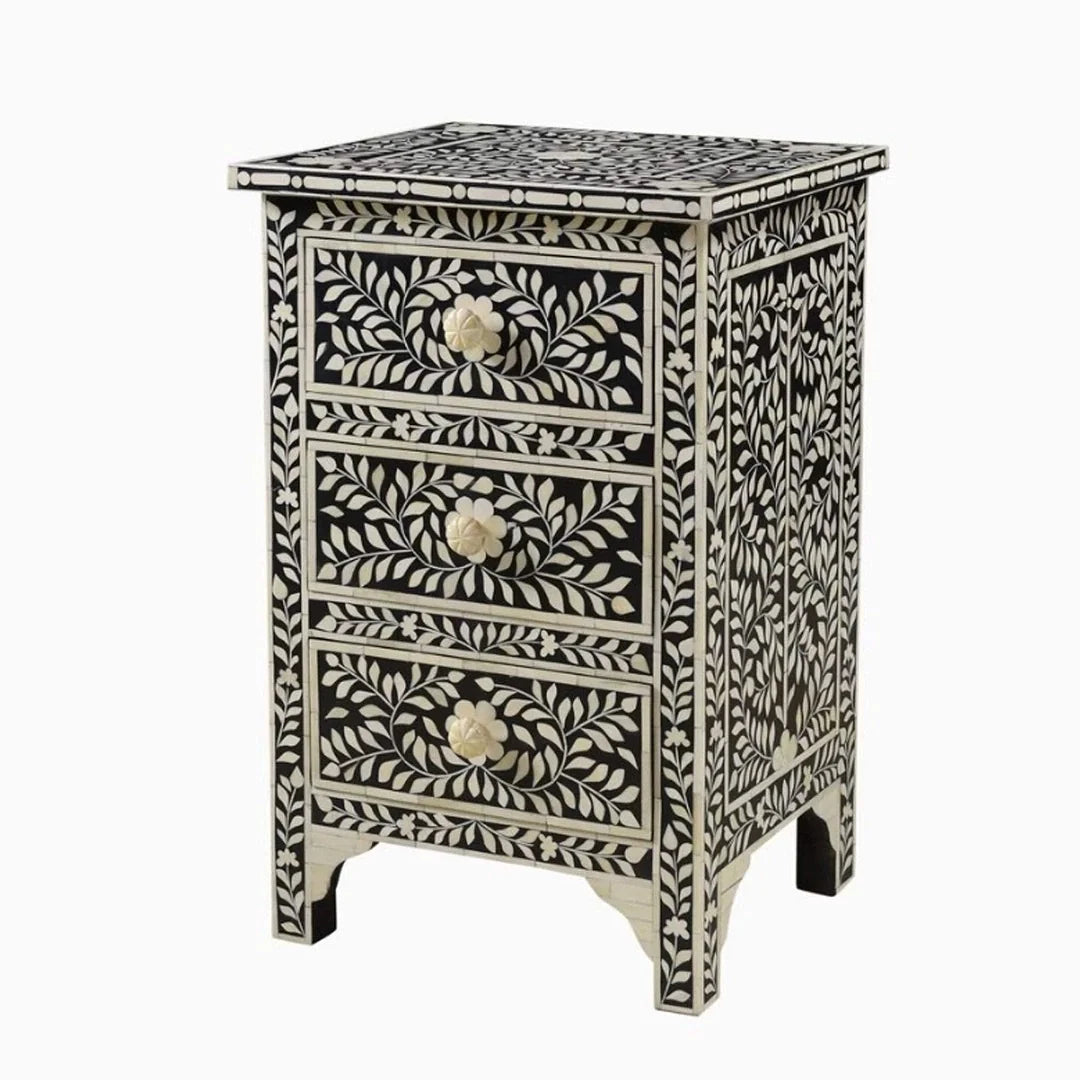 Black Bone Inlay Floral Bedside