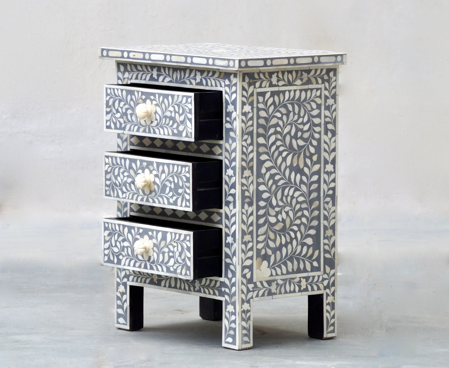 Handmade Bone Inlay Grey Floral Nightstand