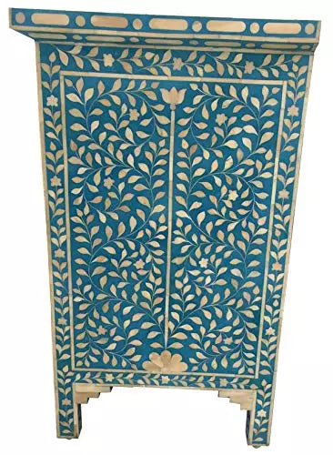 Bone Inlay Chest Of 4 Drawers , Floral Pattern In Indigo