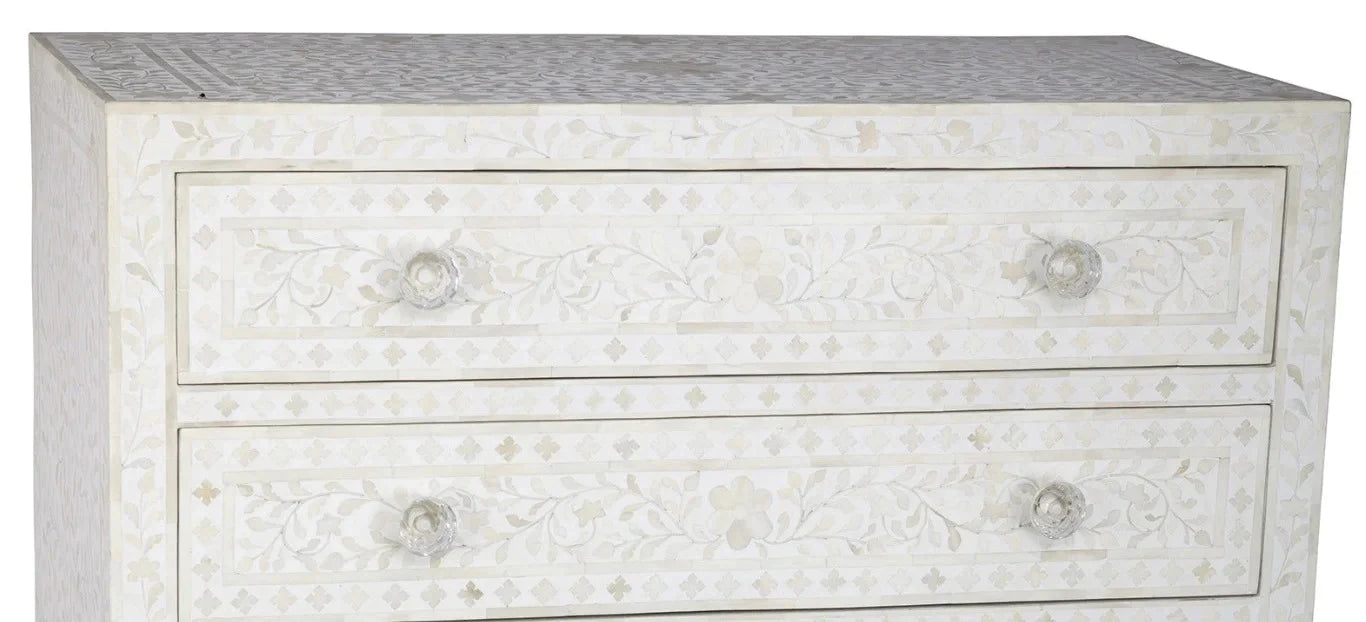 Bone Inlay Chest Of 6 Drawers, Floral Pattern In White