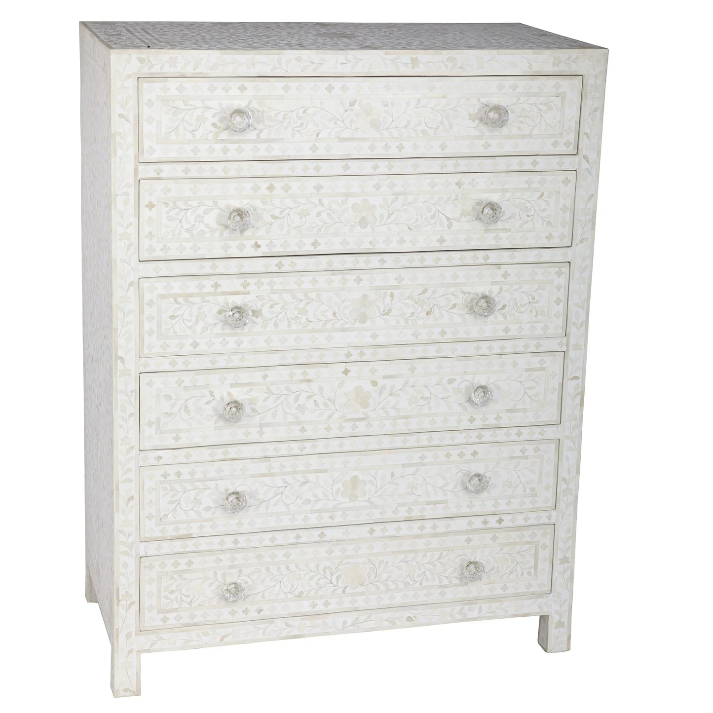 Bone Inlay Chest Of 6 Drawers, Floral Pattern In White