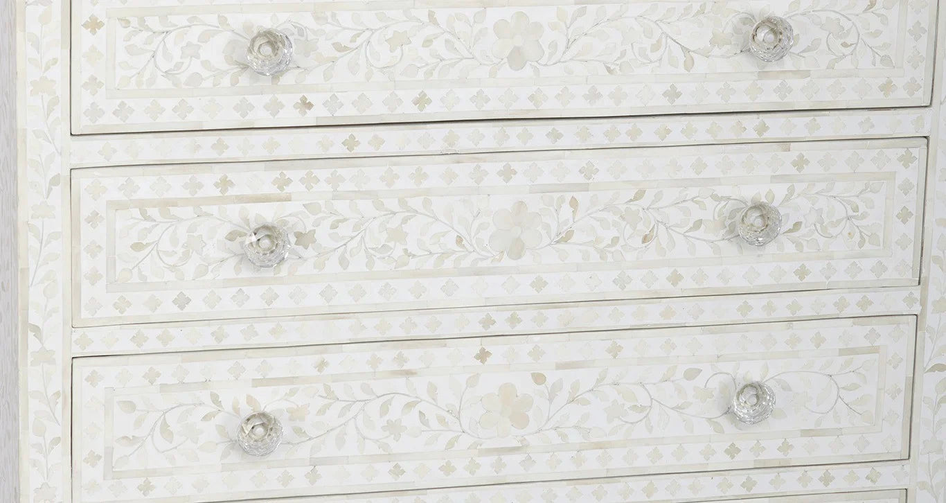 Bone Inlay Chest Of 6 Drawers, Floral Pattern In White