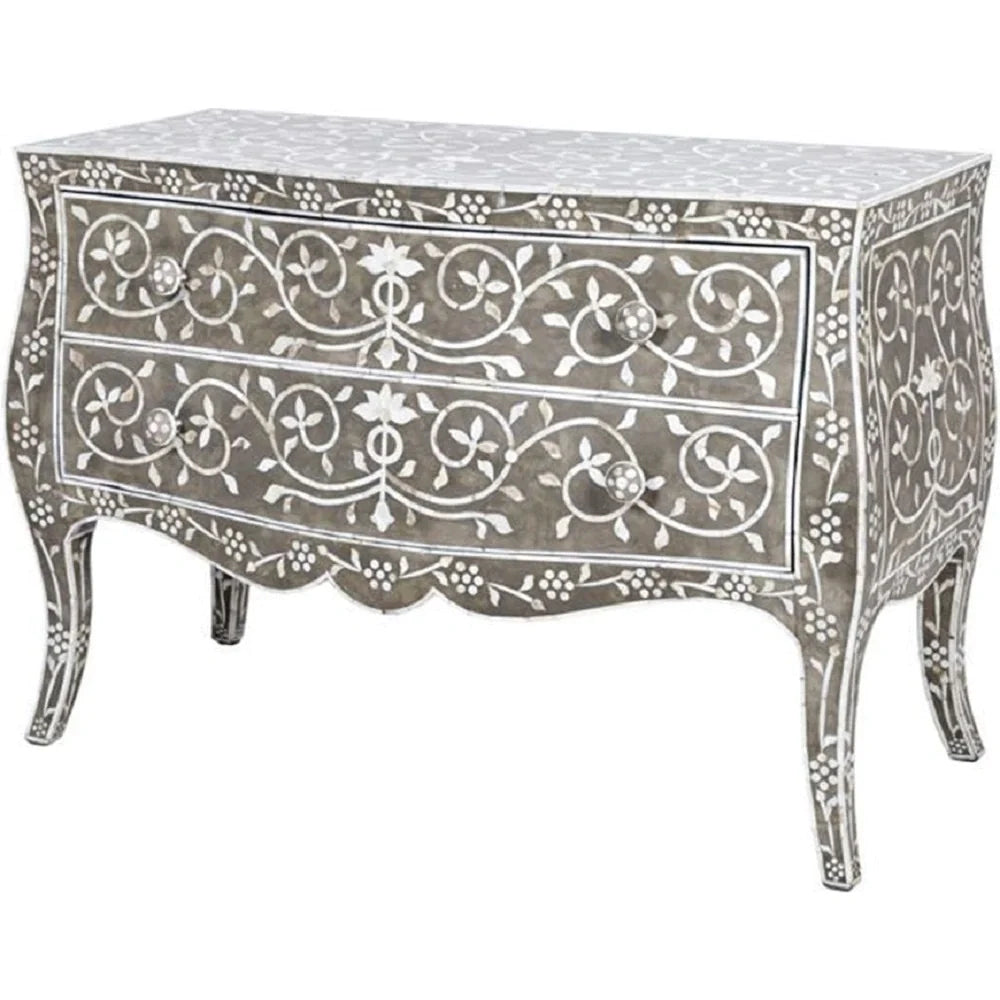 Bone Inlay Chest Of 2 Drawers, Floral Pattern In Black