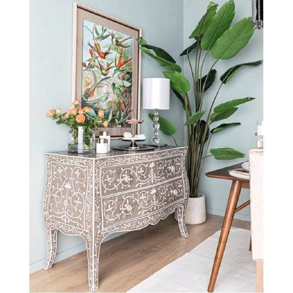 Bone Inlay Chest Of 2 Drawers, Floral Pattern In Black