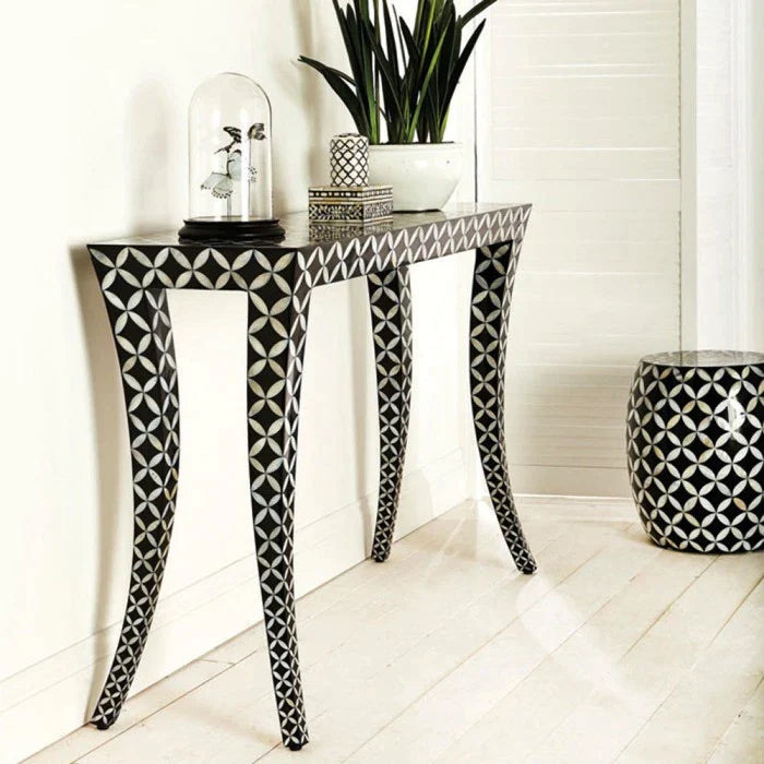 Handmade Mother of Pearl Black Geometric Pattern Console Antique Vintage Table for Home and Living room
