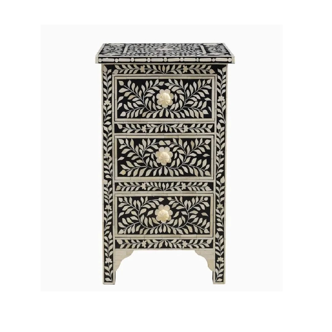 Handmade Black Bone Inlay Floral Bedside