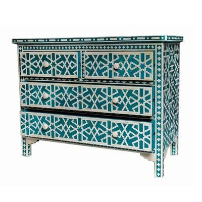 Bone Inlay Chest Of 4 Drawers , Geometric Pattern In Indigo