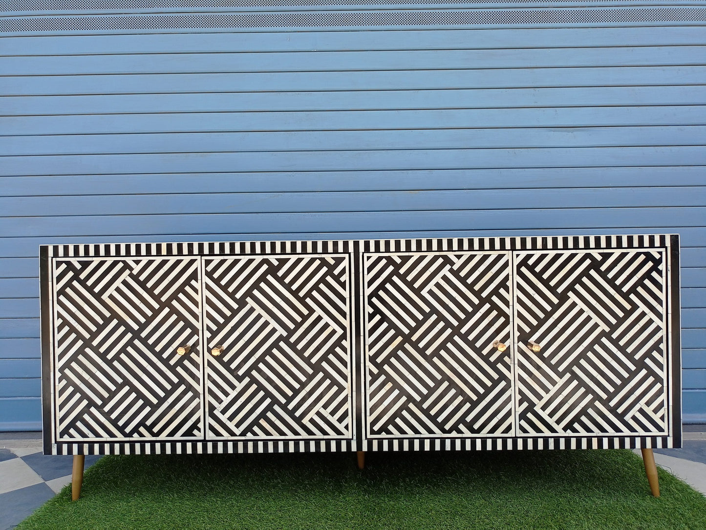 Bone Inlay Chest Of 2 Cabins, Geometric Pattern In Black