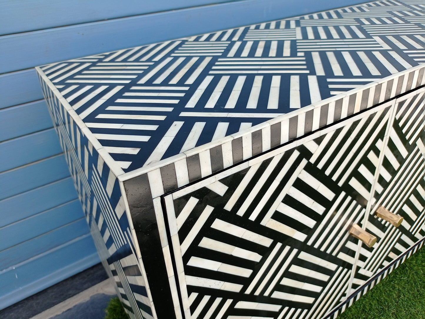 Bone Inlay Chest Of 2 Cabins, Geometric Pattern In Black