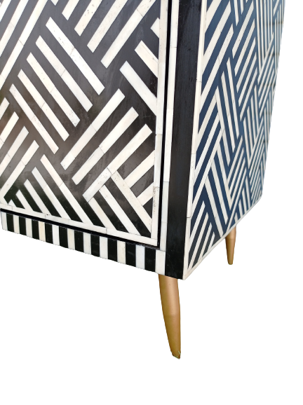 Bone Inlay Chest Of 2 Cabins, Geometric Pattern In Black