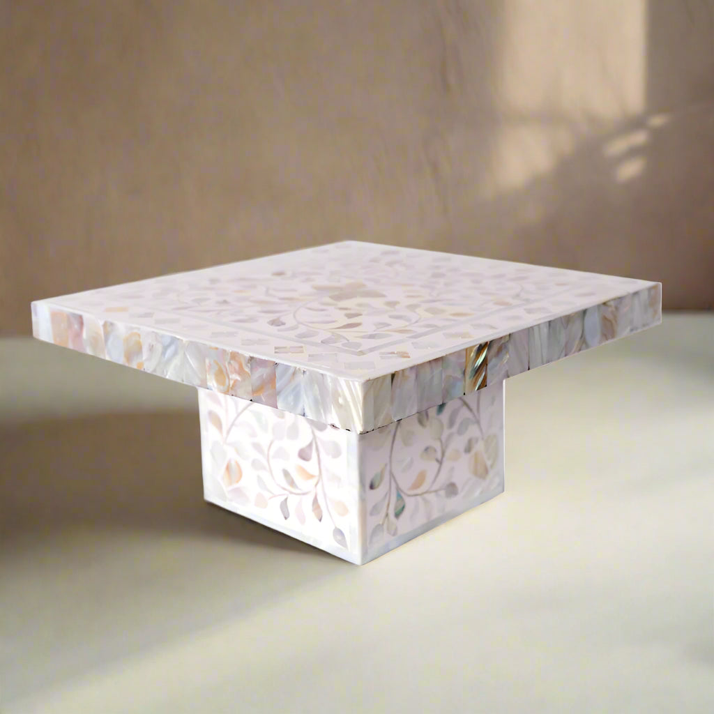 Handmade Customized Mother of Pearl Floral Pattern Rectangular Cake Stand