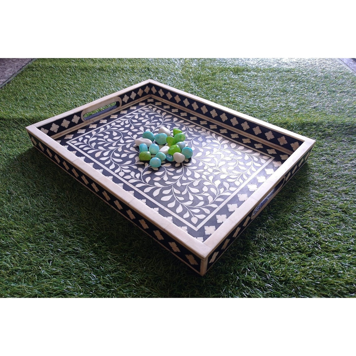 Handmade Customized Bone Inlay Floral Pattern Serving Tray