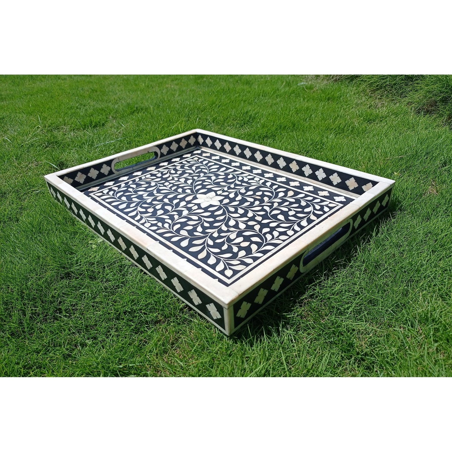 Handmade Customized Bone Inlay Floral Pattern Serving Tray