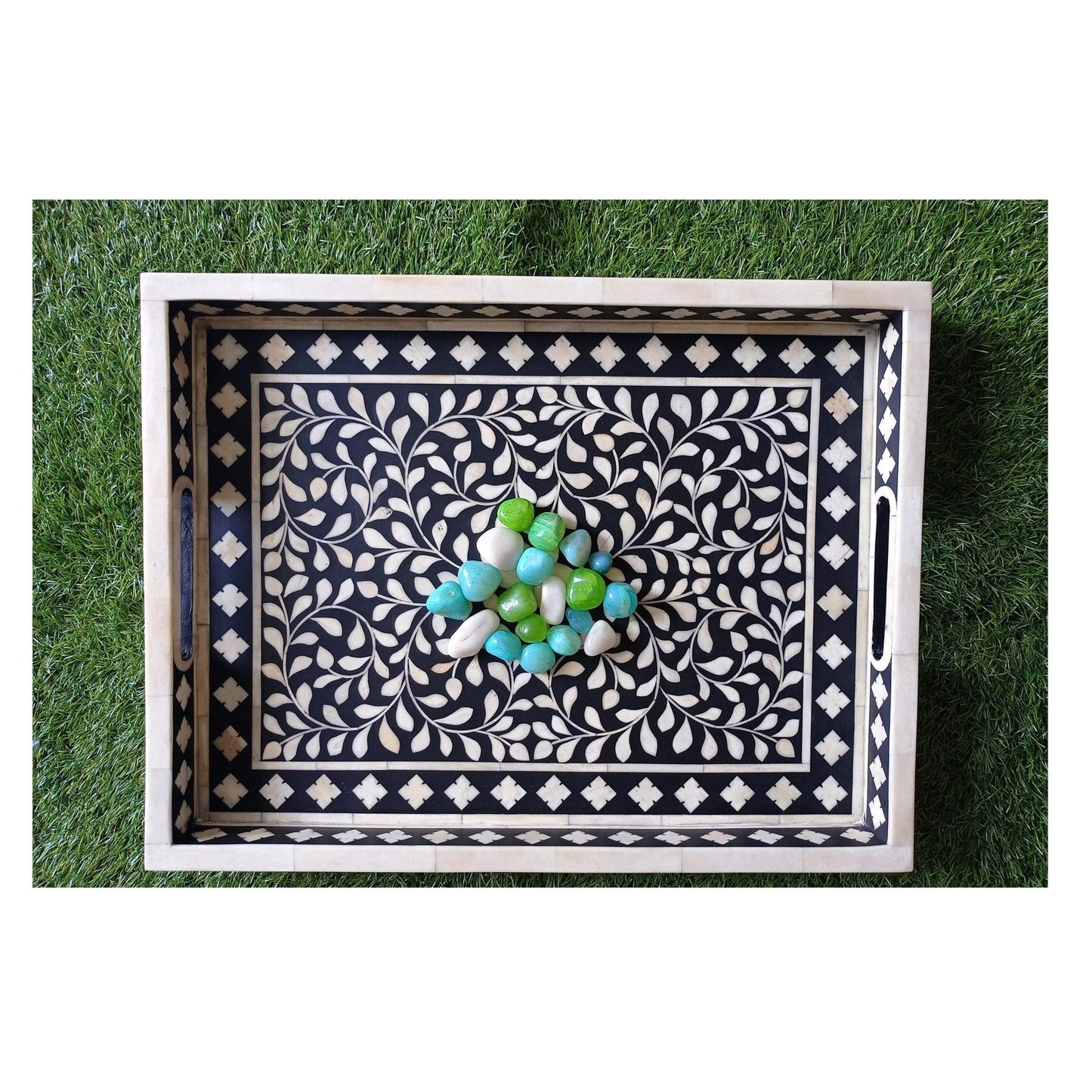 Handmade Customized Bone Inlay Floral Pattern Serving Tray