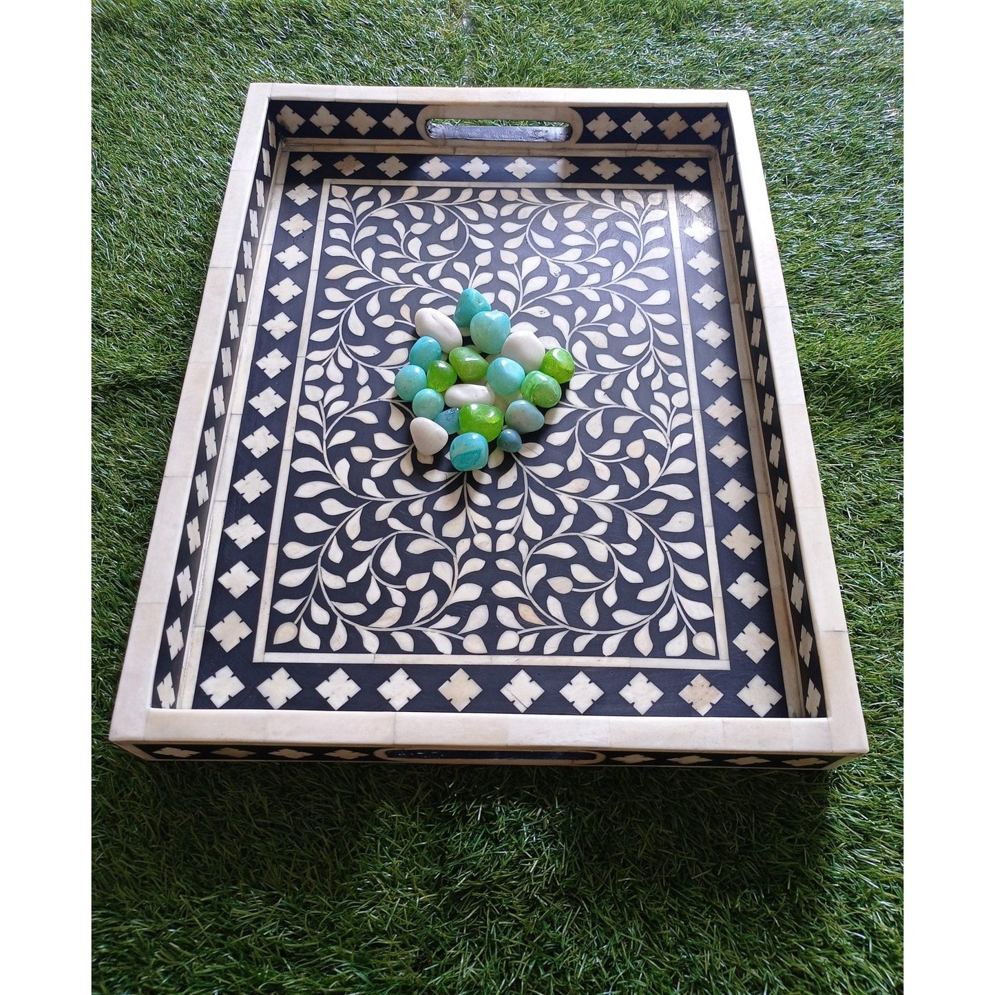 Handmade Customized Bone Inlay Floral Pattern Serving Tray