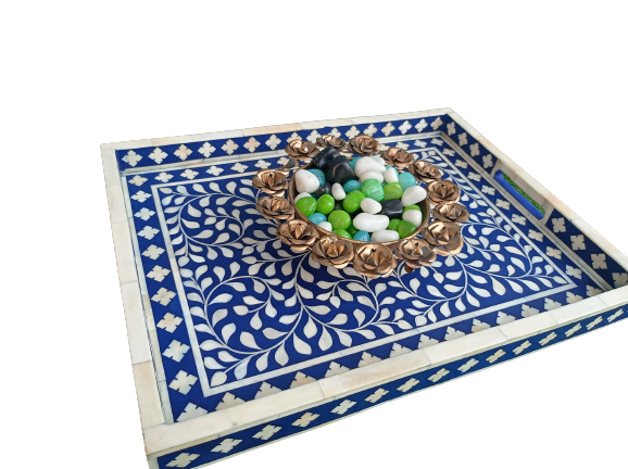 Handmade Customized Bone Inlay Floral Pattern Serving Tray