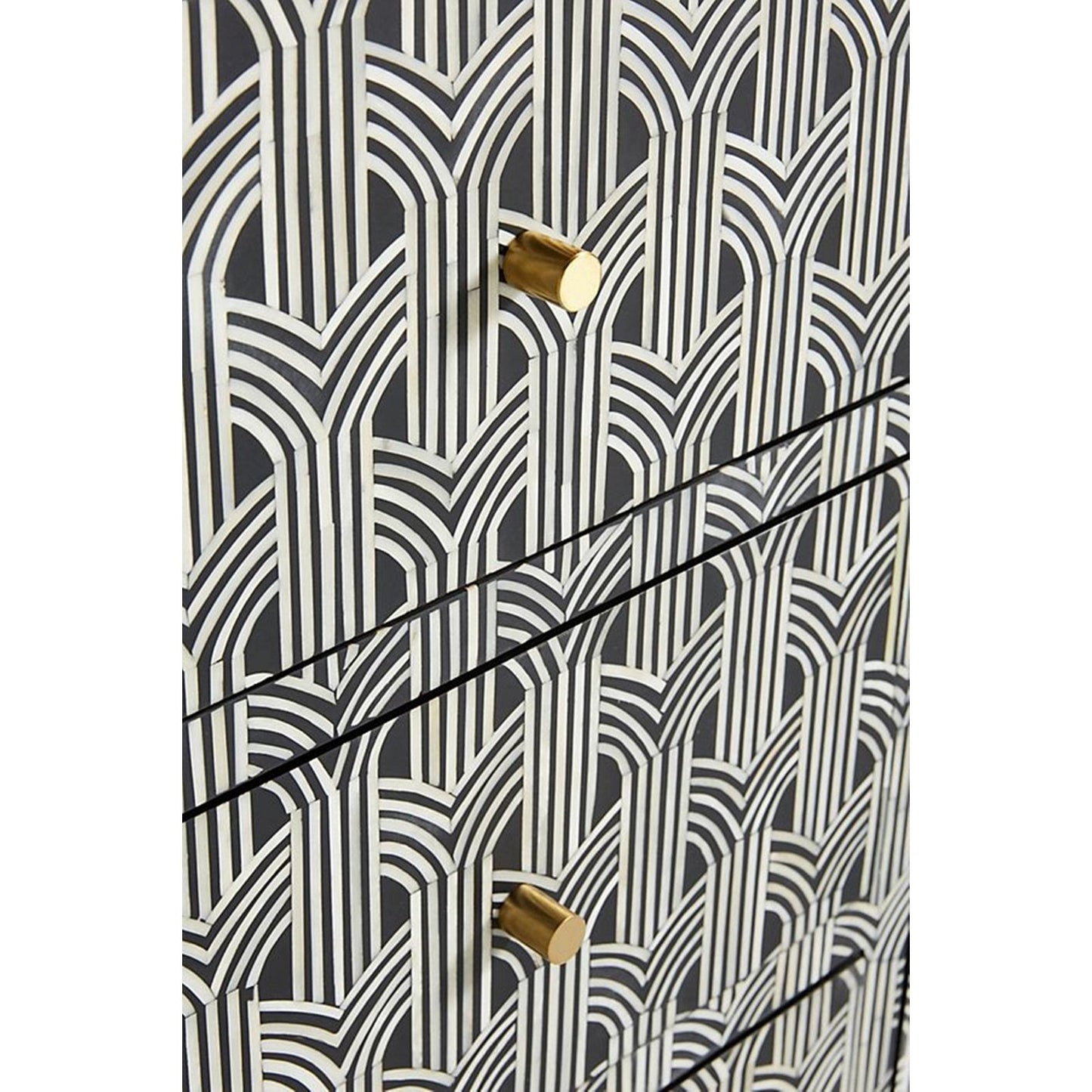 Bone Inlay Chest Of 2 Doors And 3 Drawers, Geometric Pattern In Black
