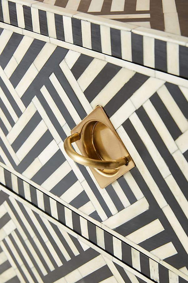 Bone Inlay Chest Of 6 Drawers, Geometric Pattern In Black
