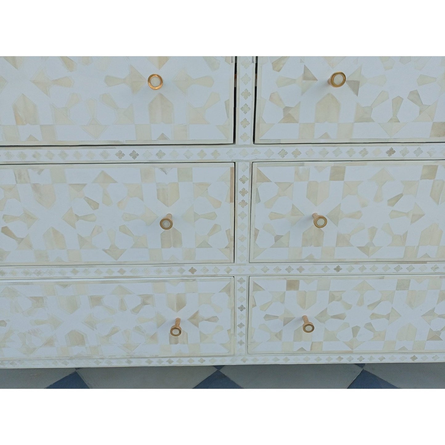 Bone Inlay Chest Of 6 Drawers, Moroccan Pattern