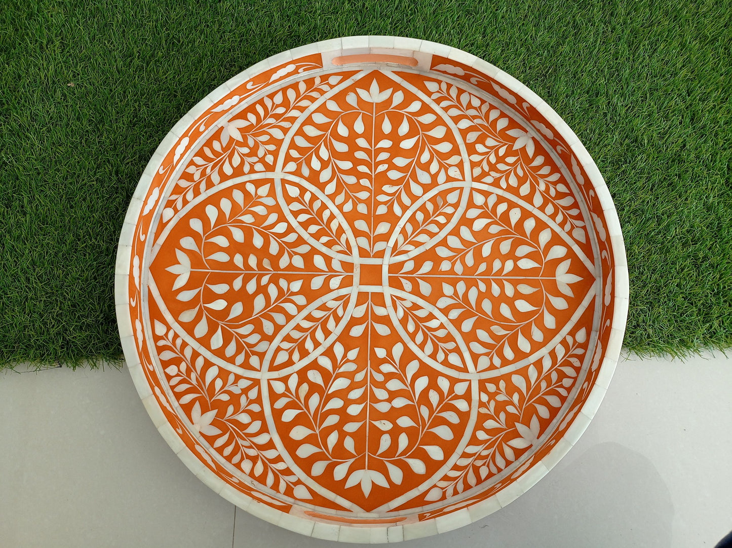 Handmade Customized Bone Inlay Round Serving Tray