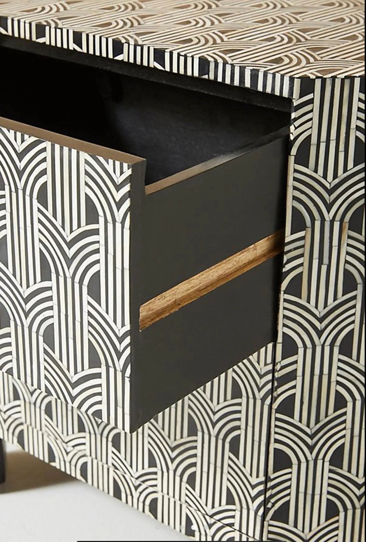 Handcrafted Bone Inlay Black Geometric Pattern Nightstand