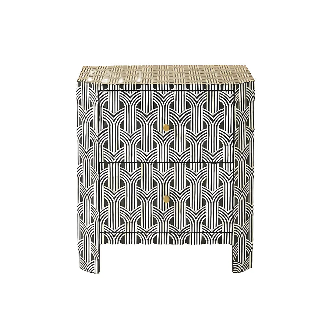Handmade Bone Inlay Geometric Pattern Nightstand for Home Decor