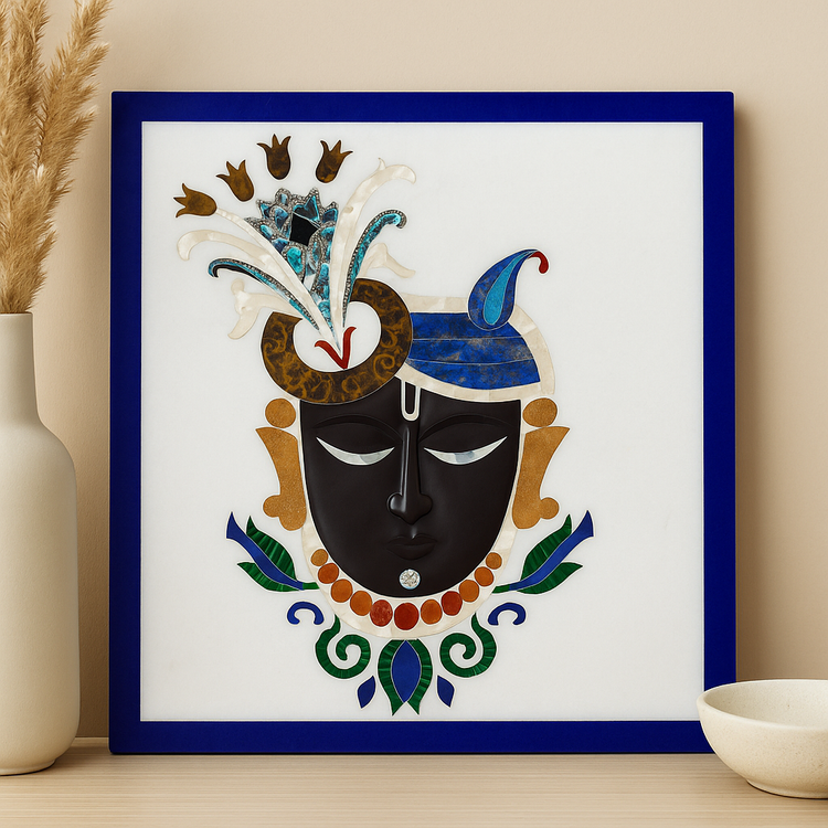 Handcrafted Krishna Marble Inlay Wall Art with Mother of Pearl – Spiritual Home Decor Panel from Udaipur