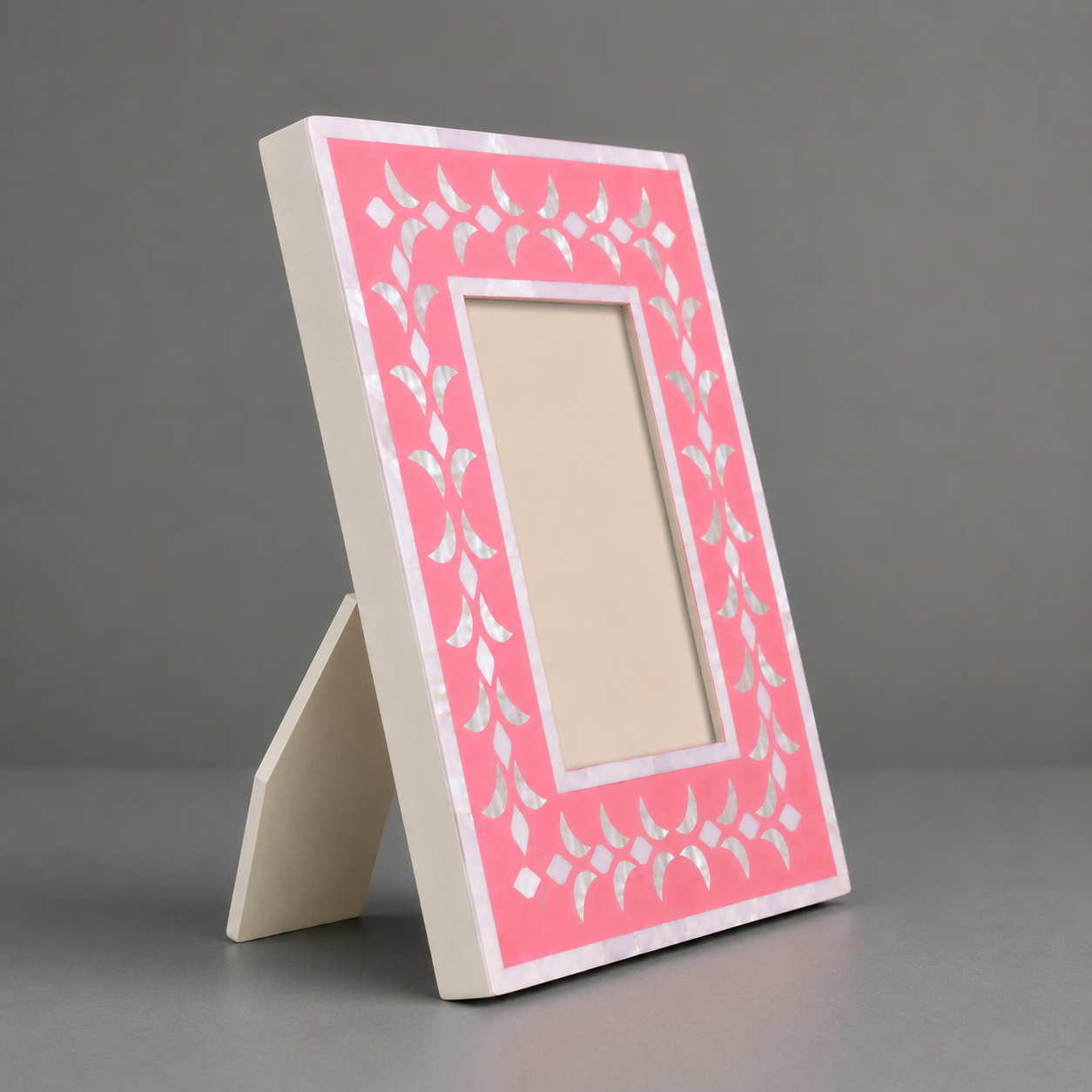 Pink Mother of Pearl Photo Frame Displayed on Elegant Bedside Table