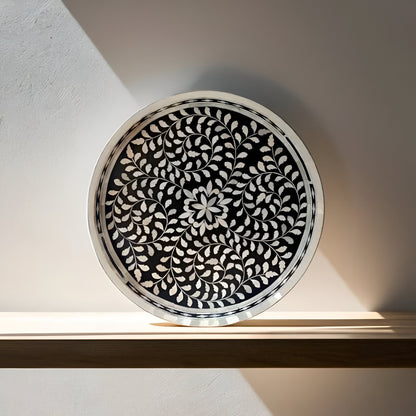 Handcrafted Bone Inlay Black Round Serving Tray – Customized Luxury Home Decor