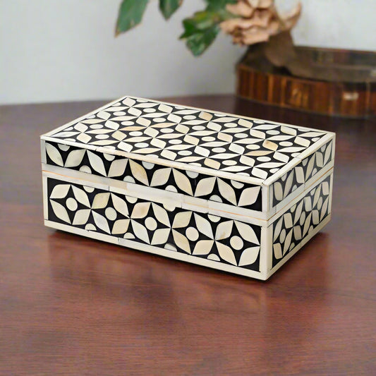 Bone Inlay Star Eye Pattern Jewelry Box- BLACK