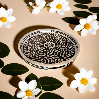 Handcrafted Bone Inlay Black Round Serving Tray – Customized Luxury Home Decor