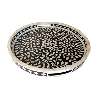Handcrafted Bone Inlay Black Round Serving Tray – Customized Luxury Home Decor