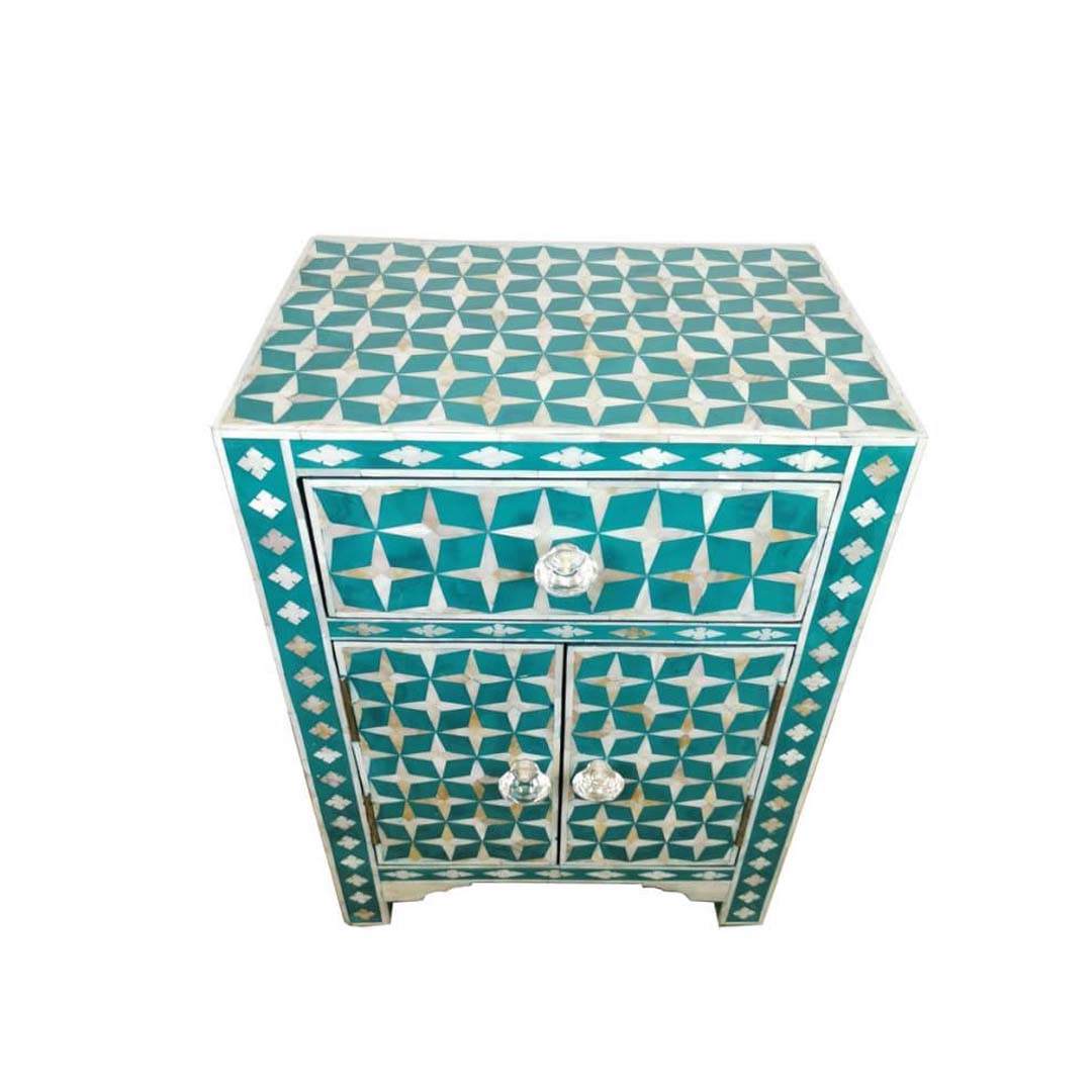HANDMADE  CUSTOMIZED MOTHER OF PEARL BEDSIDE TABLE /  Star-Eye Pattern