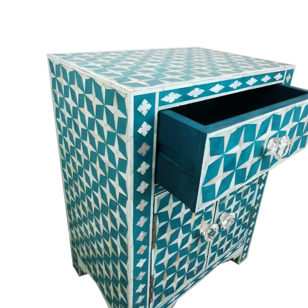 HANDMADE  CUSTOMIZED MOTHER OF PEARL BEDSIDE TABLE /  Star-Eye Pattern