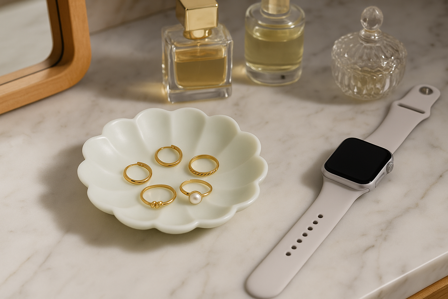 White Marble Ruffle Bowl with Gold Jewelry and Watch – Luxury Vanity Table Organizer