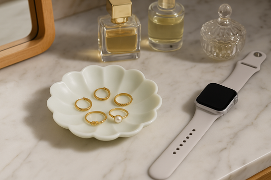 White Marble Ruffle Bowl with Gold Jewelry and Watch – Luxury Vanity Table Organizer