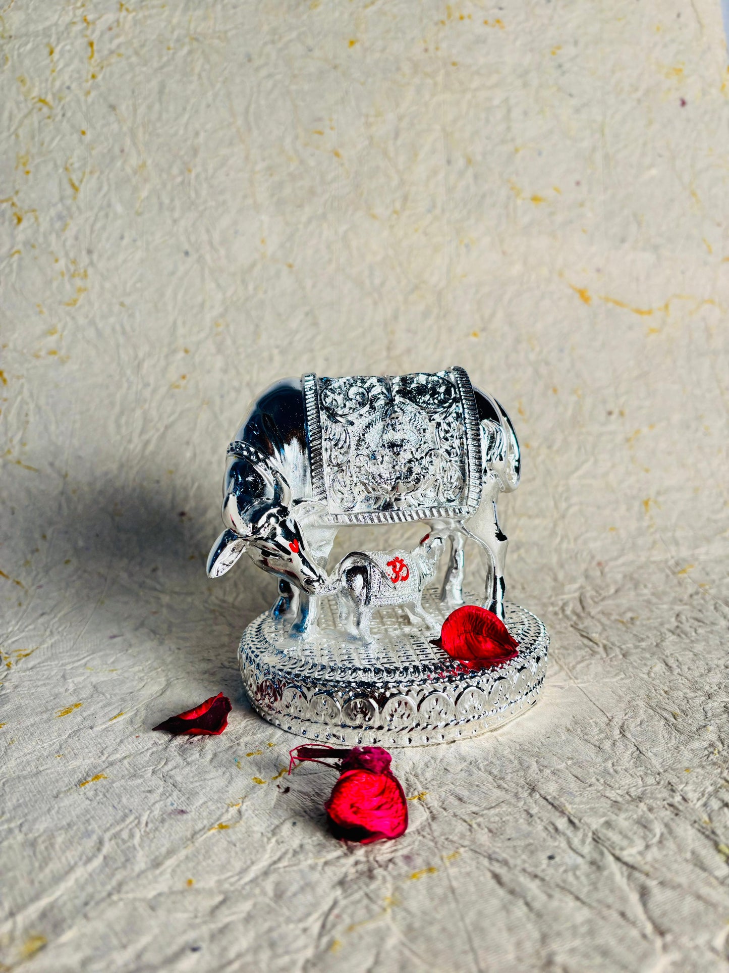 Silver Finish Kamdhenu Cow & Calf Decorative Idol with Ornamental Saddle Design for Home Temple, Desk Decor & Gifting.