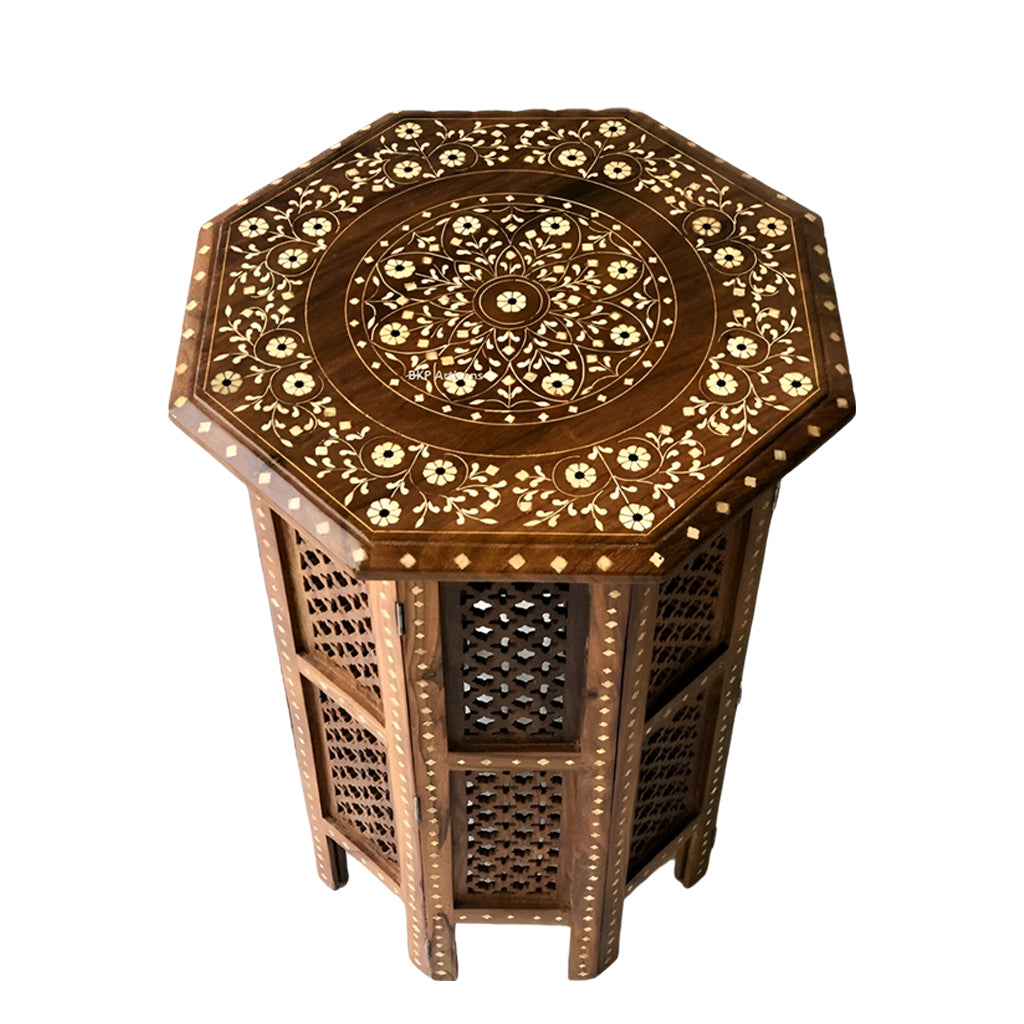 handmade Teak Wood Bone Inlay Pattern Stool