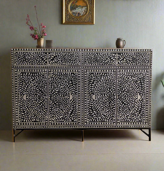Beautiful Bone Inlay Buffet – 2 Drawers & 4 Doors in Black Floral Pattern