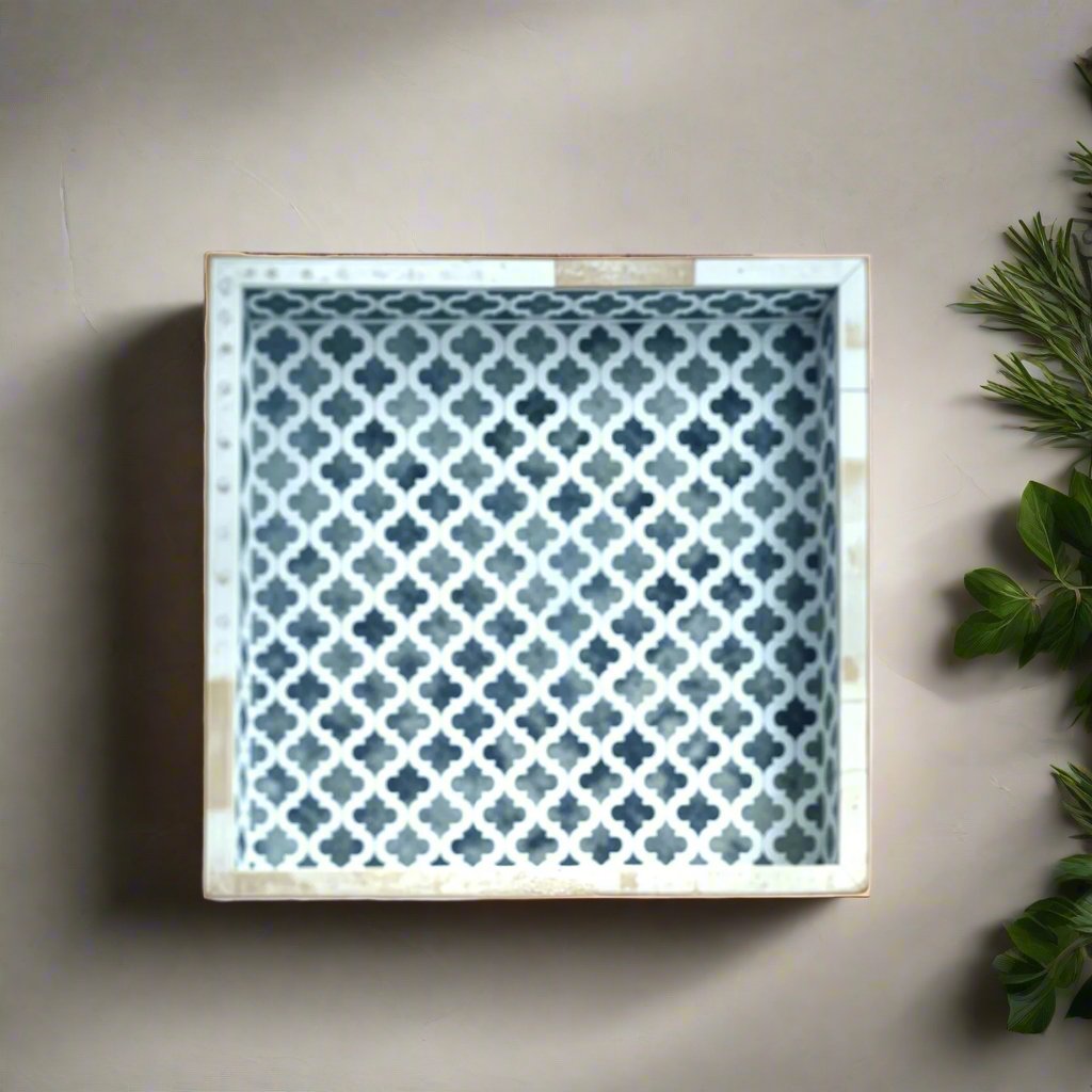 Bone Inlay Tray in  geometrical and floral  Design - Blue