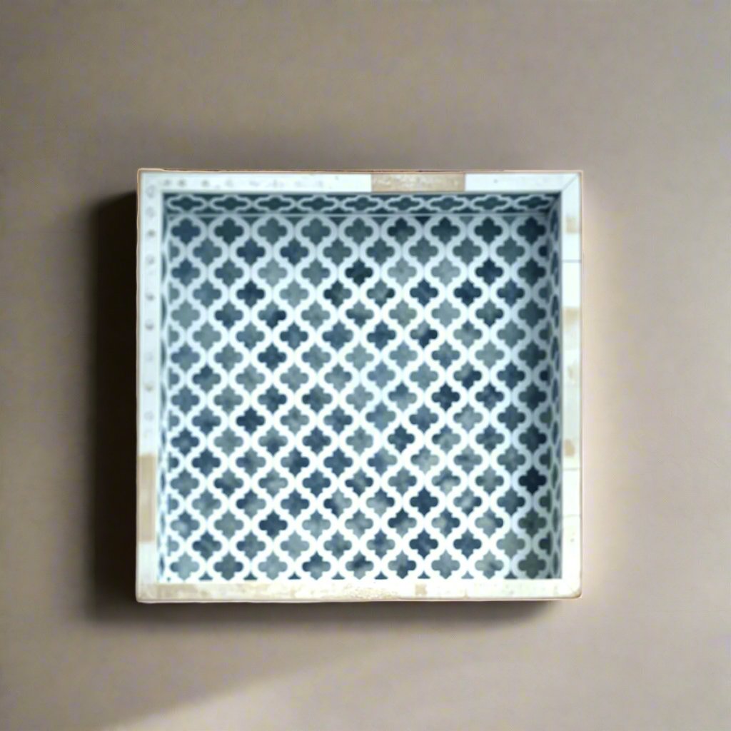 Bone Inlay Tray in  geometrical and floral  Design - Blue