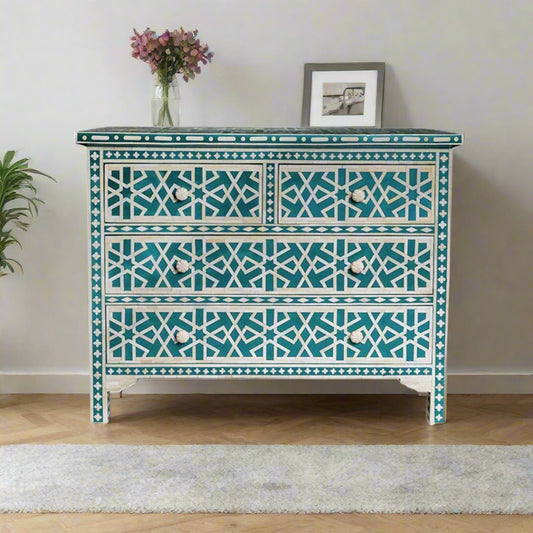 Bone Inlay Chest Of 4 Drawers , Geometric Pattern In Indigo