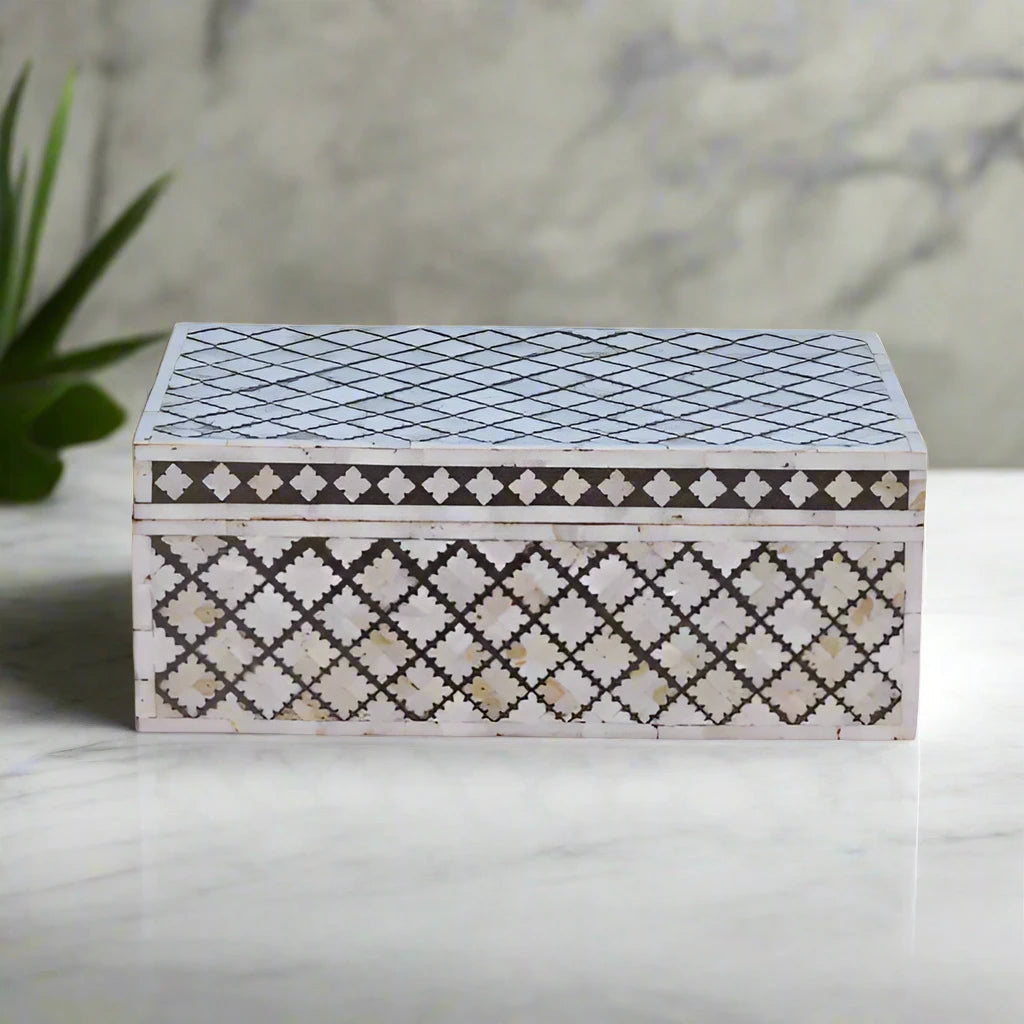 Luxury Handmade Mother of Pearl Inlay Jewelry Box | Geometric Pattern Keepsake Box.