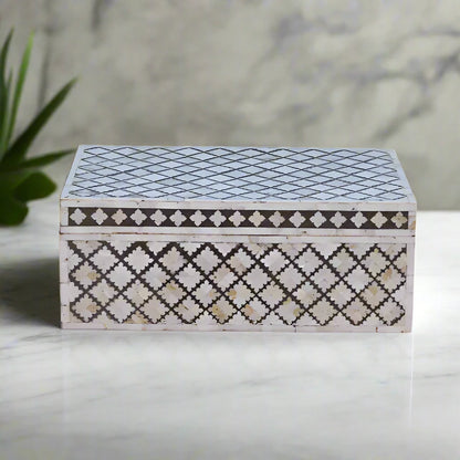 Luxury Handmade Mother of Pearl Inlay Jewelry Box | Geometric Pattern Keepsake Box.