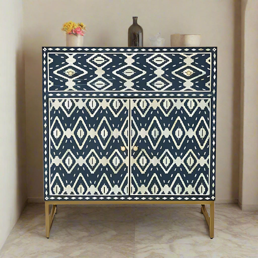 Beautiful Bone Inlay Chest – 1 Drawer & 2 Cabinets - Indigo Geometric Design
