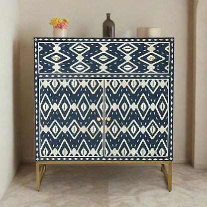 Beautiful Bone Inlay Chest – 1 Drawer & 2 Cabinets - Indigo Geometric Design