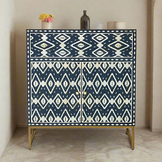 Beautiful Bone Inlay Chest – 1 Drawer & 2 Cabinets - Indigo Geometric Design