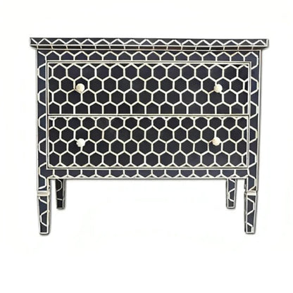 Handcrafted Bone Inlay Chest Of 2 Drawers,Honeycomb Pattern In Black